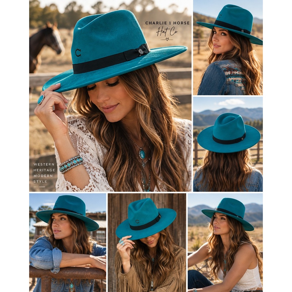Charlie 1 Horse Highway Felt Fedora Hat Teal Blue Medium C Logo Wide Brim